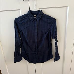 Loft Softened Navy Blue Button-Up Shirt with Beaded Collar